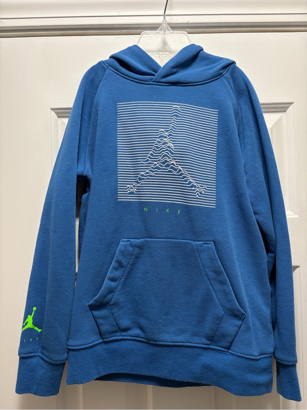 Nike Blue Hoodie with White Stripe Graphic and Neon Green Accents